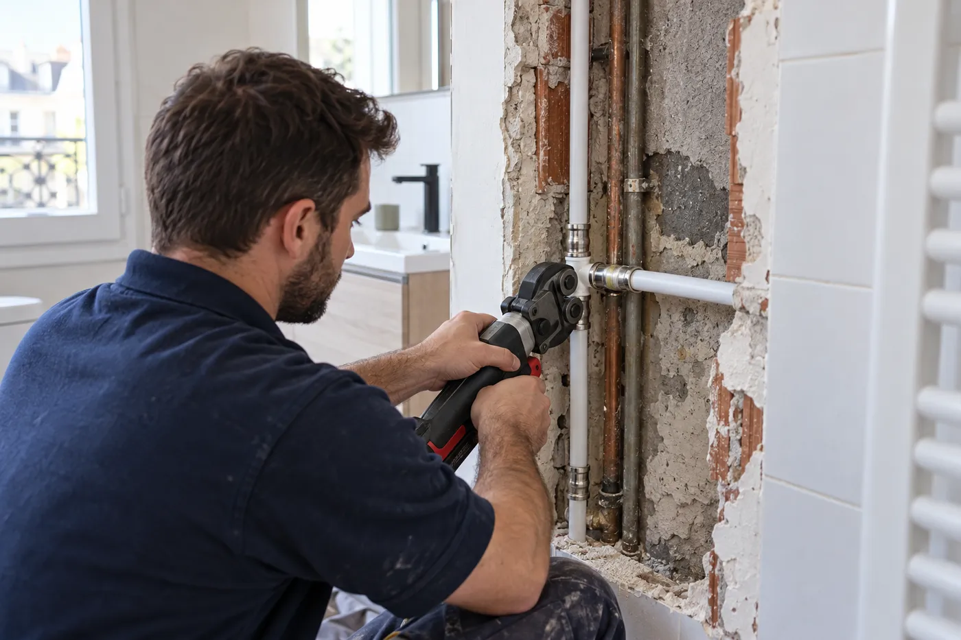 Remplacement d'une section de canalisation par du tube multicouche dans une salle de bains