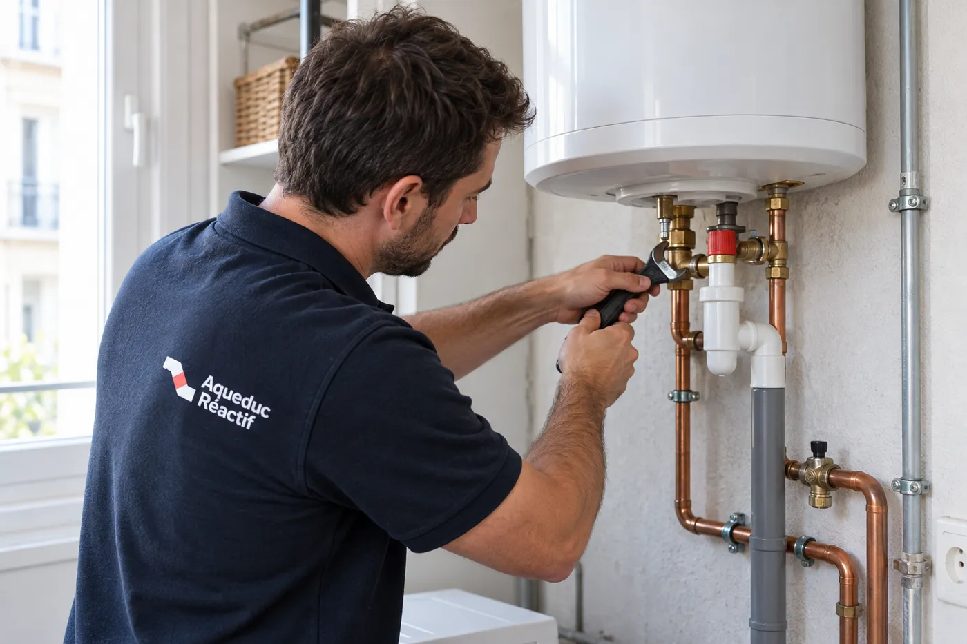 Plombier contrôlant le groupe de sécurité et les raccords cuivre sous un chauffe-eau électrique