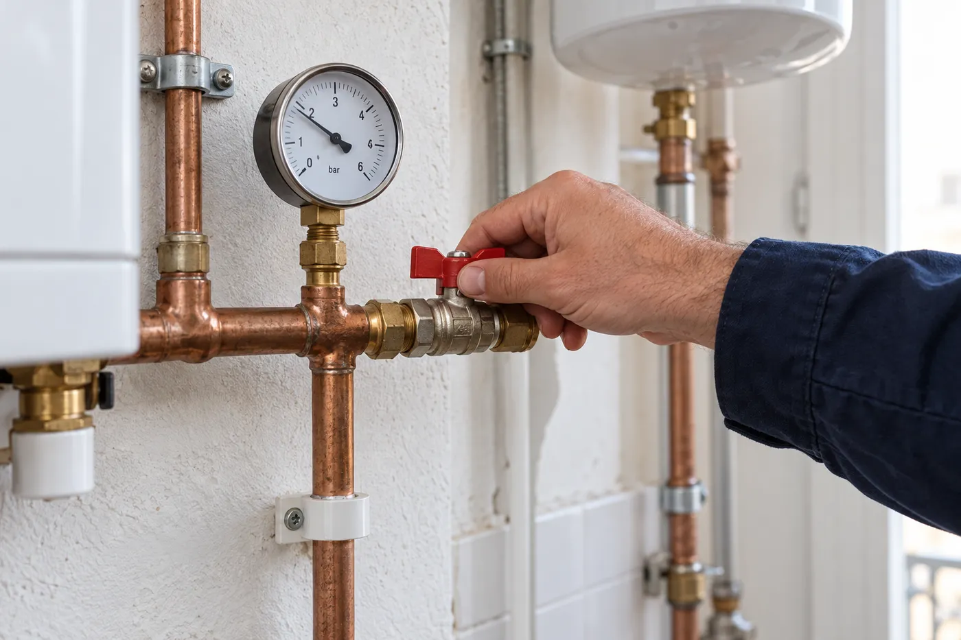 Manomètre posé sur une canalisation cuivre pour la remise en pression après réparation