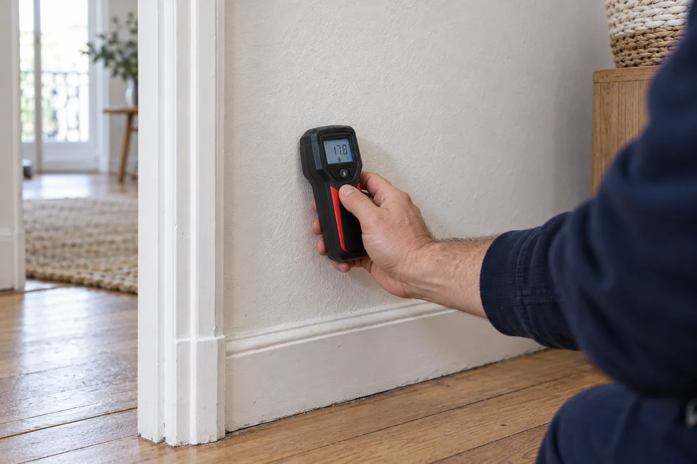 Humidimètre appliqué contre un mur près d'une plinthe pour localiser une fuite invisible