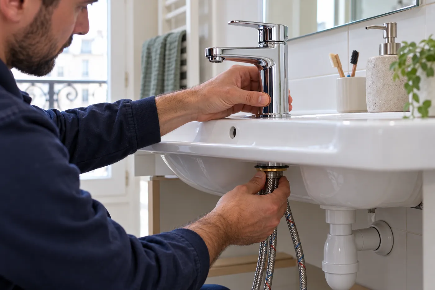 Pose d'un mitigeur neuf sur un lavabo, raccordement des flexibles sous la vasque
